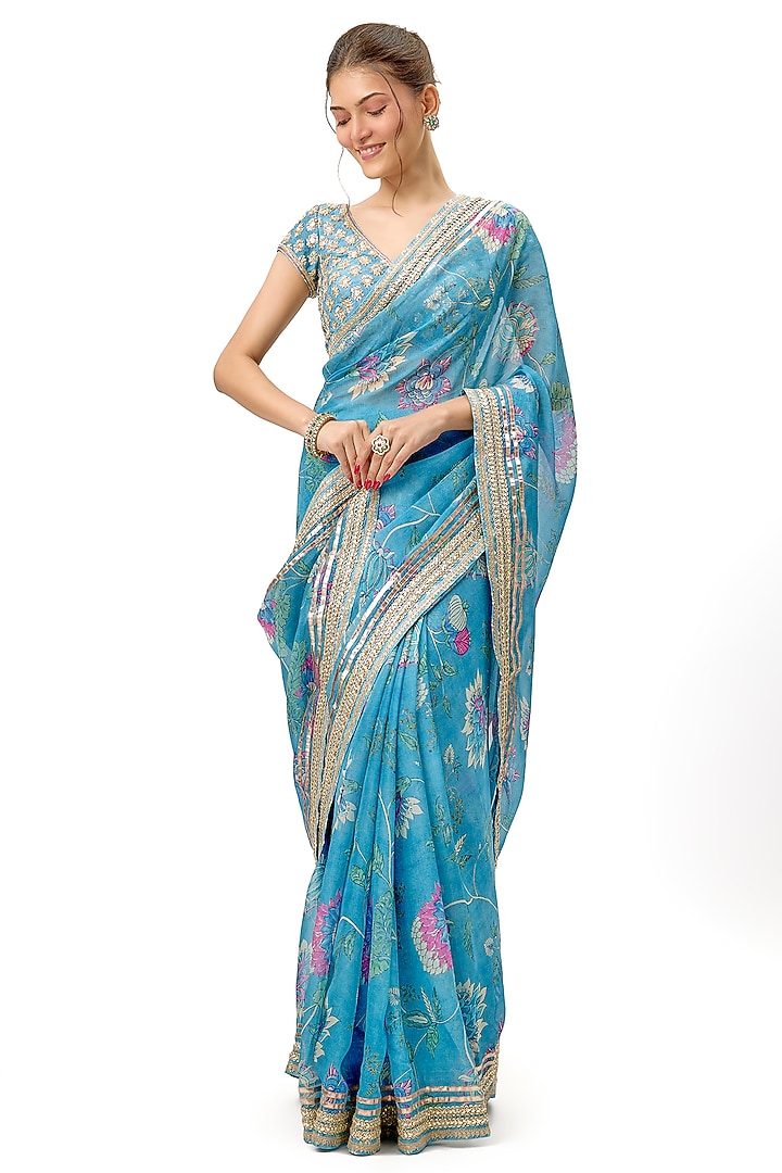 Blue Organza Floral Printed & Embellished Wedding Saree Set by Gopi Vaid at Pernia's Pop Up Shop