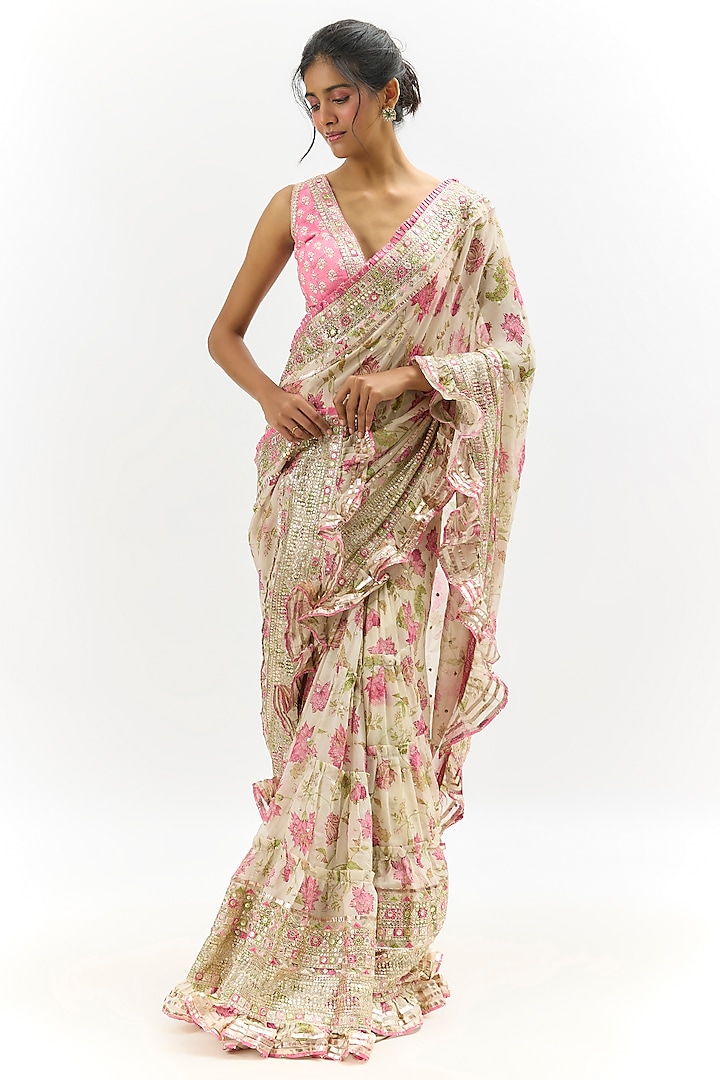 Ivory Organza Embroidered Wedding Saree Set by Gopi Vaid at Pernia's Pop Up Shop