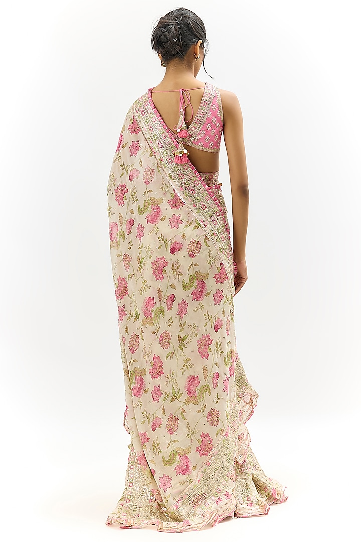 Ivory Organza Embroidered Wedding Saree Set by Gopi Vaid at Pernia's Pop Up Shop