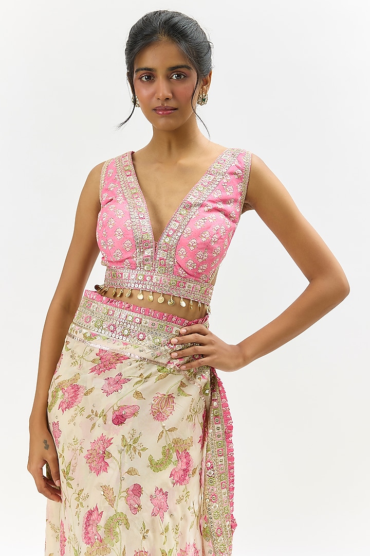 Ivory Organza Embroidered Wedding Saree Set by Gopi Vaid at Pernia's Pop Up Shop