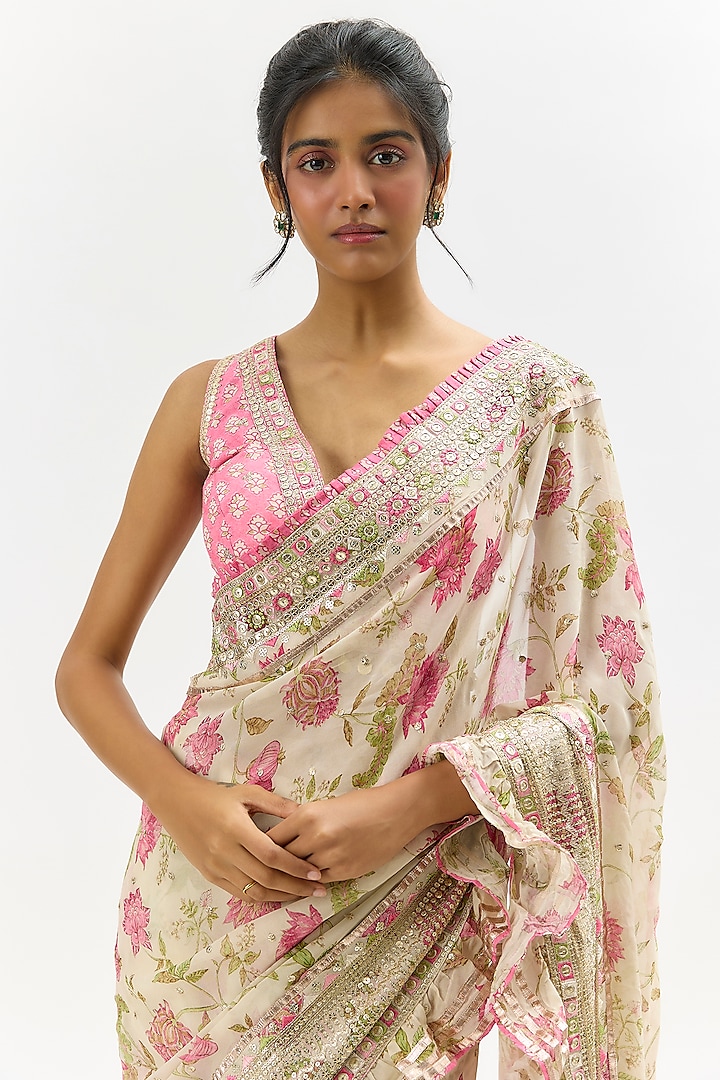 Ivory Organza Embroidered Wedding Saree Set by Gopi Vaid at Pernia's Pop Up Shop