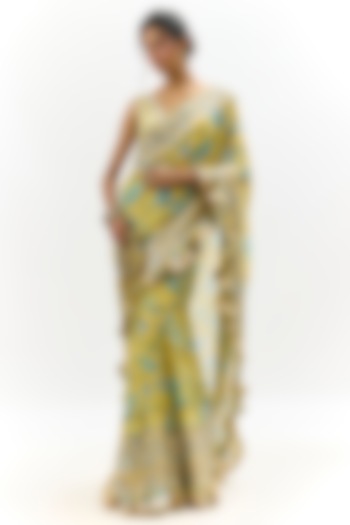 Yellow Organza Embroidered Wedding Saree Set by Gopi Vaid at Pernia's Pop Up Shop