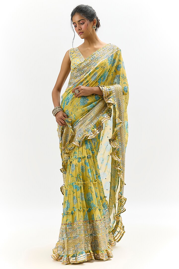 Yellow Organza Embroidered Wedding Saree Set by Gopi Vaid at Pernia's Pop Up Shop