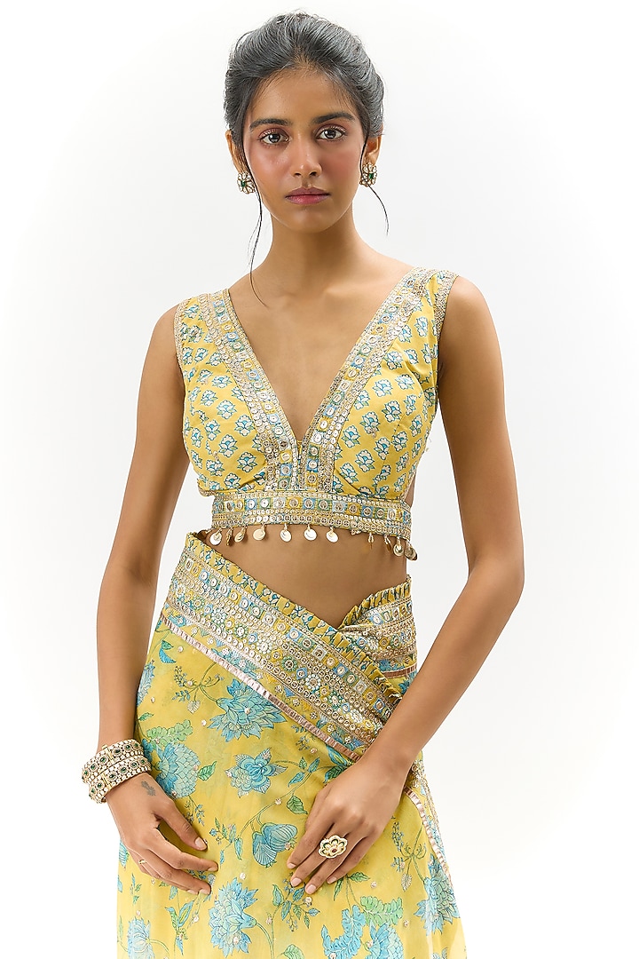 Yellow Organza Embroidered Wedding Saree Set by Gopi Vaid at Pernia's Pop Up Shop