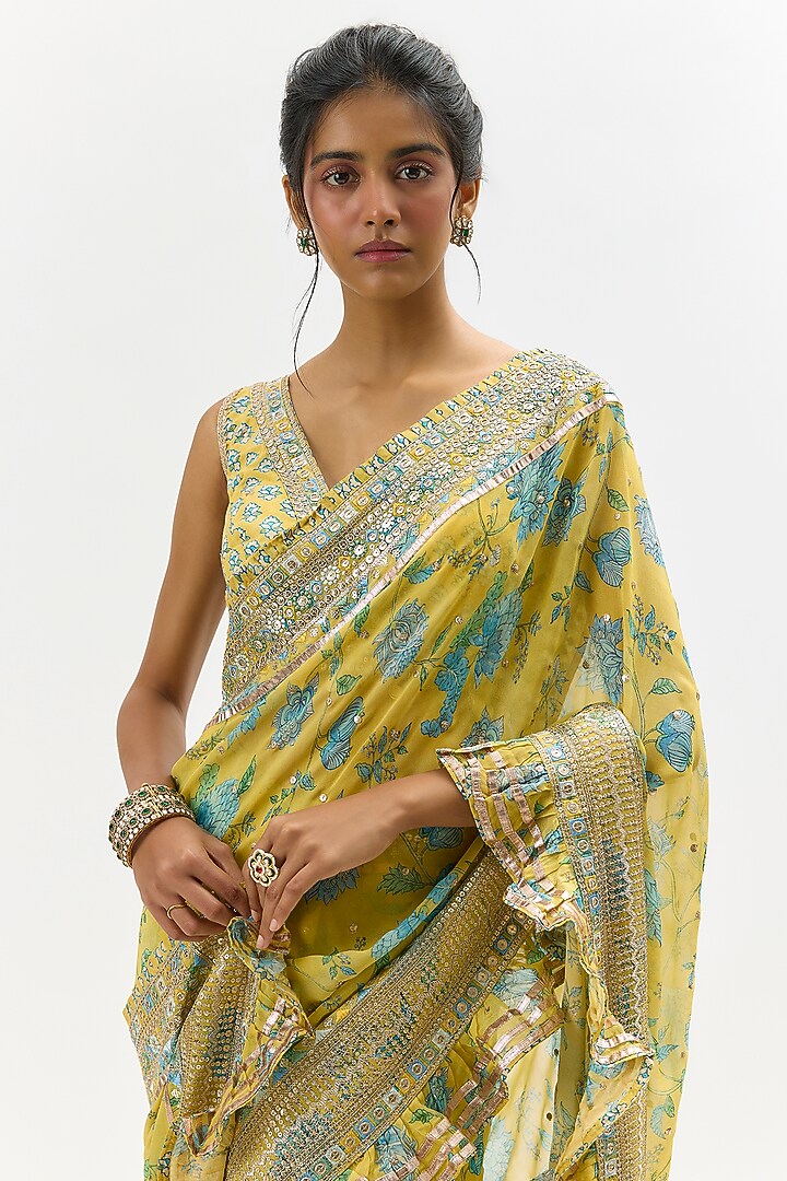 Yellow Organza Embroidered Wedding Saree Set by Gopi Vaid at Pernia's Pop Up Shop