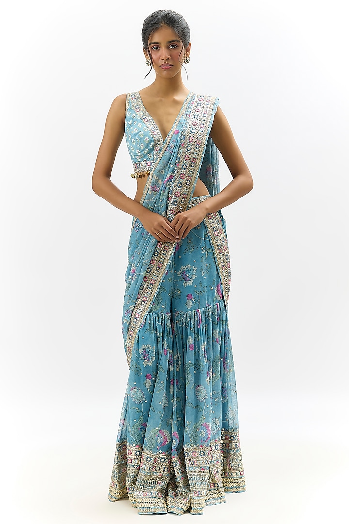 Blue Georgette Embroidered Sharara Wedding Saree Set by Gopi Vaid at Pernia's Pop Up Shop