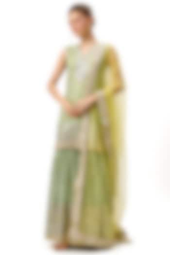 Yellow Cotton Silk Embroidered Flared Wedding Sharara Set by Gopi Vaid at Pernia's Pop Up Shop