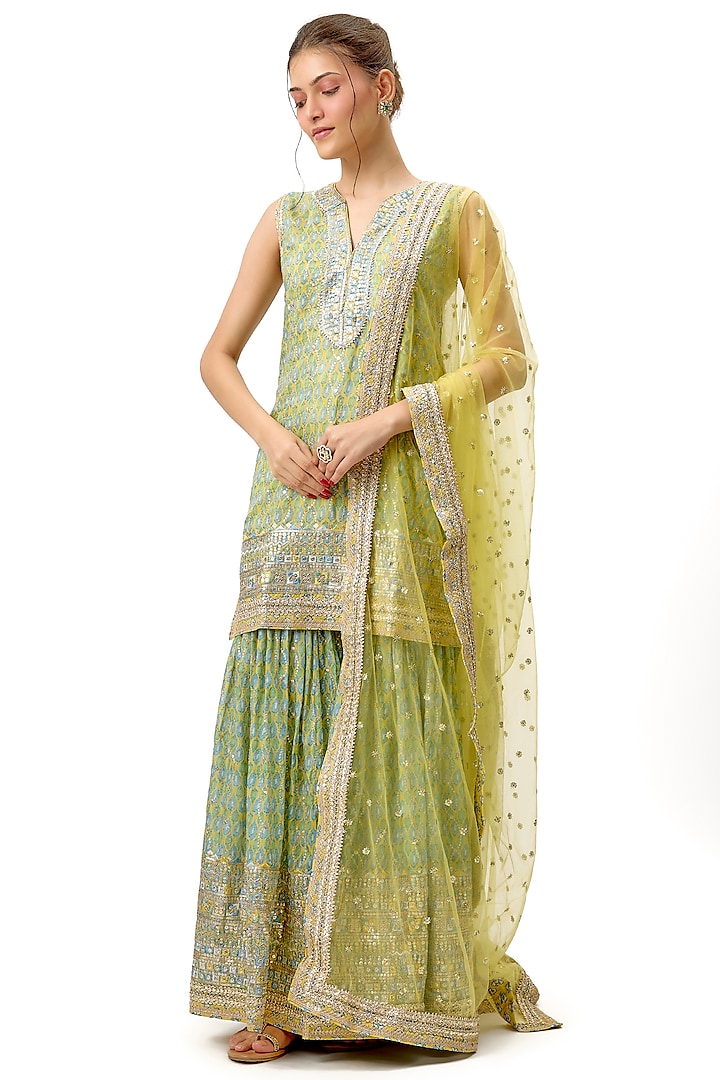 Yellow Cotton Silk Embroidered Flared Wedding Sharara Set by Gopi Vaid at Pernia's Pop Up Shop