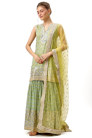 Yellow Cotton Silk Embroidered Flared Sharara Set by Gopi Vaid