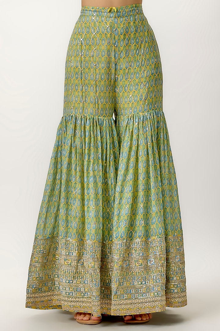 Yellow Cotton Silk Embroidered Flared Wedding Sharara Set by Gopi Vaid at Pernia's Pop Up Shop