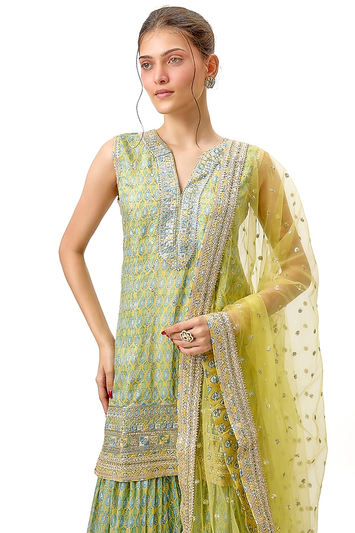 Yellow Cotton Silk Embroidered Flared Wedding Sharara Set by Gopi Vaid at Pernia's Pop Up Shop
