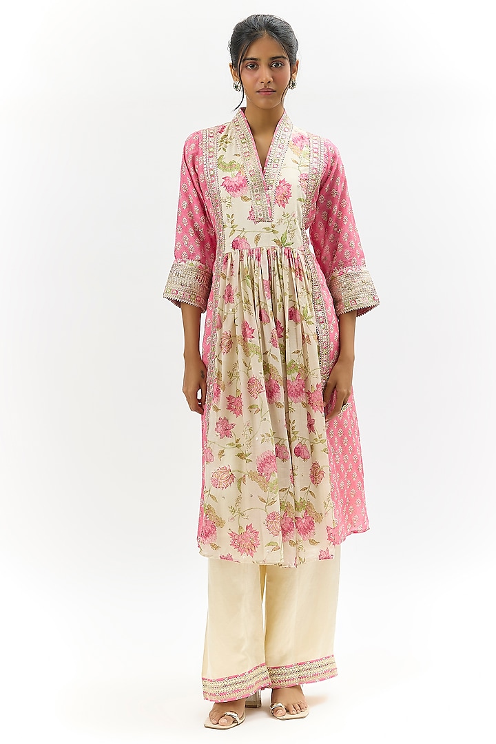 Pink Cotton Silk Floral Printed & Embroidered Anarkali Kurta by Gopi Vaid at Pernia's Pop Up Shop