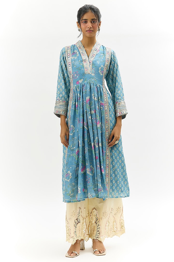 Blue Cotton Silk Floral Printed & Embroidered Anarkali Kurta by Gopi Vaid at Pernia's Pop Up Shop