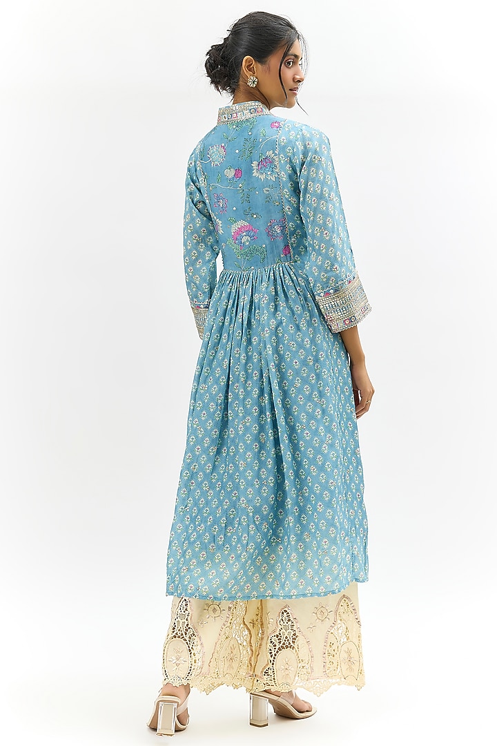 Blue Cotton Silk Floral Printed & Embroidered Anarkali Kurta by Gopi Vaid at Pernia's Pop Up Shop