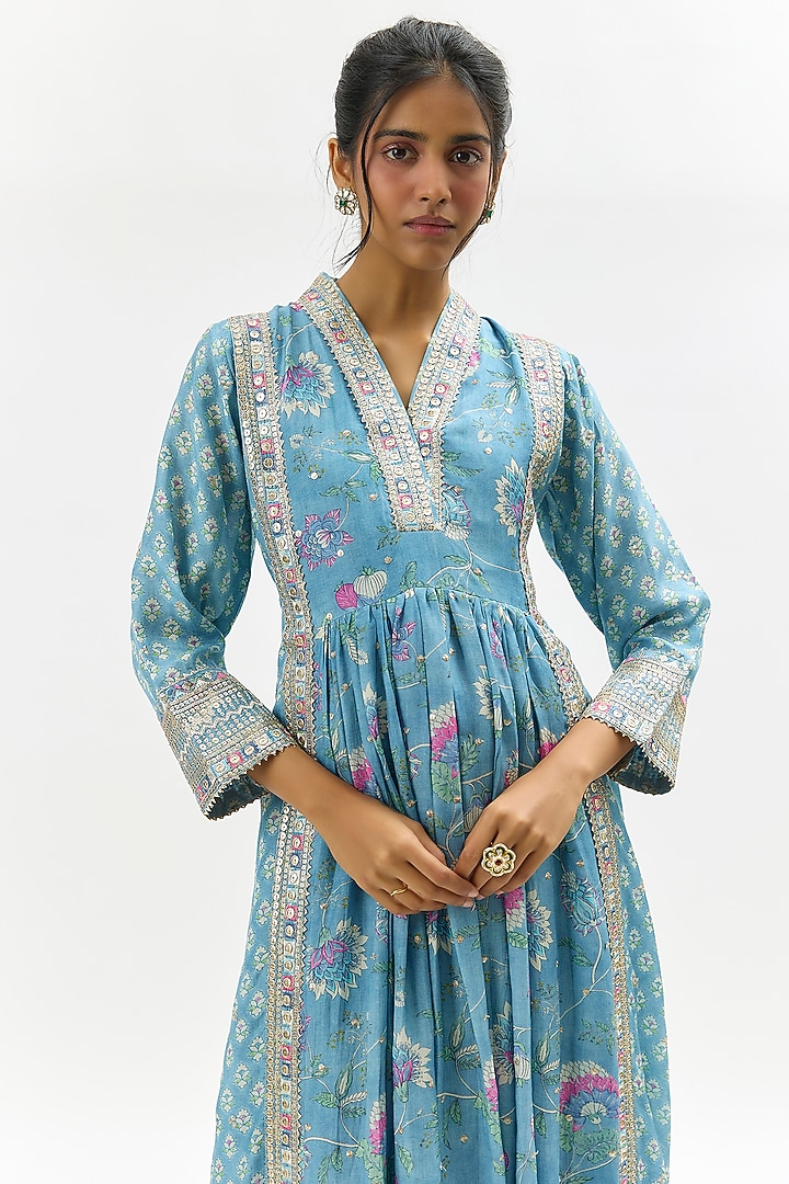 Blue Cotton Silk Floral Printed & Embroidered Anarkali Kurta by Gopi Vaid at Pernia's Pop Up Shop