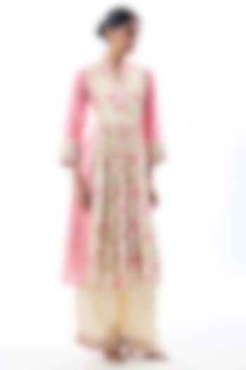 Pink Cotton Silk Floral Printed & Embroidered Party Wear Anarkali Set by GOPI VAID at Pernia's Pop Up Shop