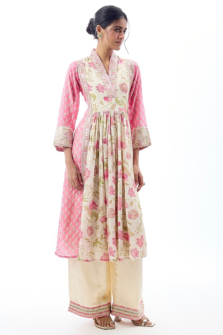 Pink Cotton Silk Floral Printed & Embroidered Party Wear Anarkali Set by GOPI VAID at Pernia's Pop Up Shop