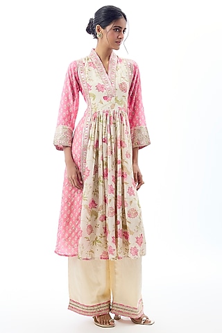 Pink Cotton Silk Floral Printed & Embroidered Anarkali Set by GOPI VAID