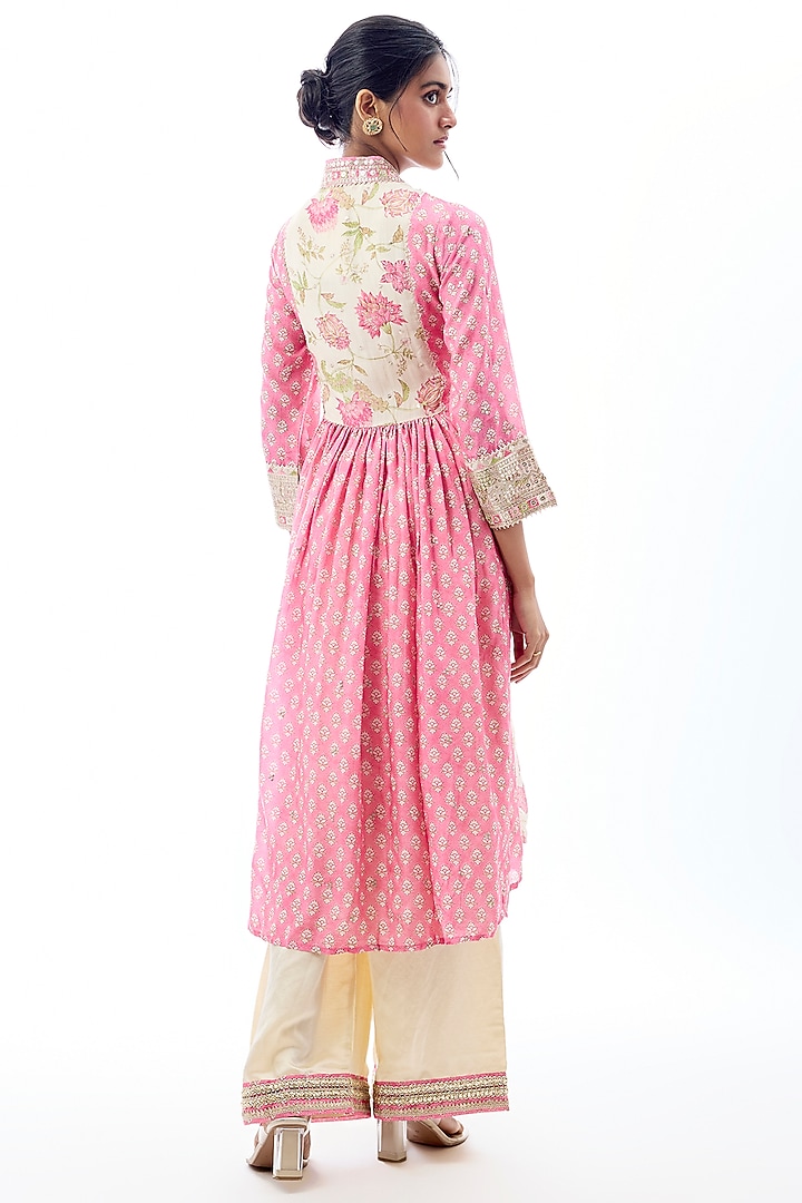 Pink Cotton Silk Floral Printed & Embroidered Party Wear Anarkali Set by GOPI VAID at Pernia's Pop Up Shop