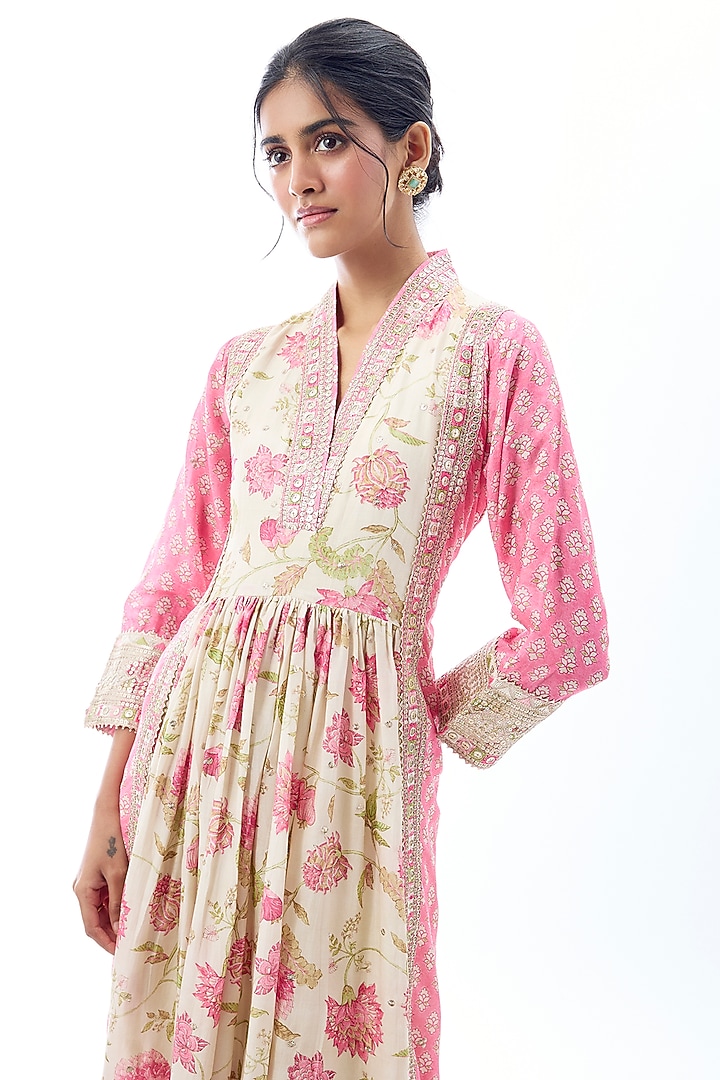 Pink Cotton Silk Floral Printed & Embroidered Party Wear Anarkali Set by GOPI VAID at Pernia's Pop Up Shop