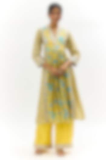 Yellow Cotton Silk Floral Printed & Embroidered Anarkali Kurta by Gopi Vaid at Pernia's Pop Up Shop