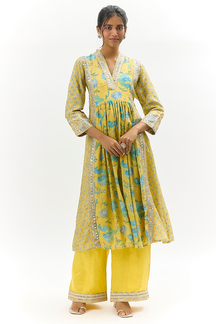 Yellow Cotton Silk Floral Printed & Embroidered Anarkali Kurta by Gopi Vaid at Pernia's Pop Up Shop