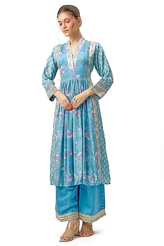 Blue Cotton Silk Floral Printed A-Line Anarkali Kurta by Gopi Vaid