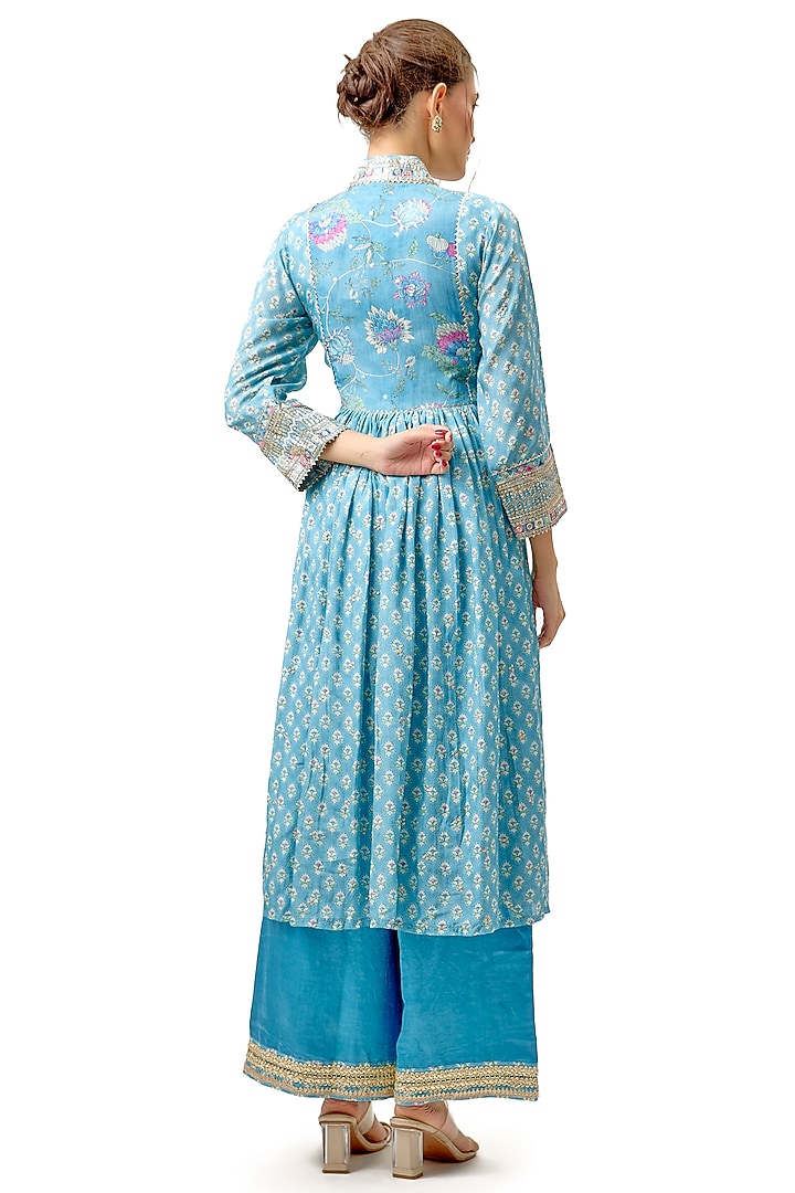 Blue Cotton Silk Floral Printed A-Line Anarkali Kurta by Gopi Vaid at Pernia's Pop Up Shop