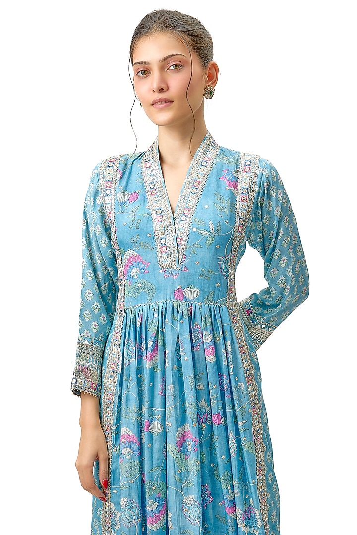Blue Cotton Silk Floral Printed A-Line Anarkali Kurta by Gopi Vaid at Pernia's Pop Up Shop