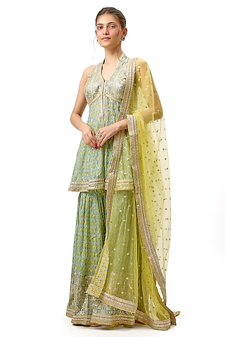 Yellow Cotton Silk Embroidered Flared Sharara Set by Gopi Vaid