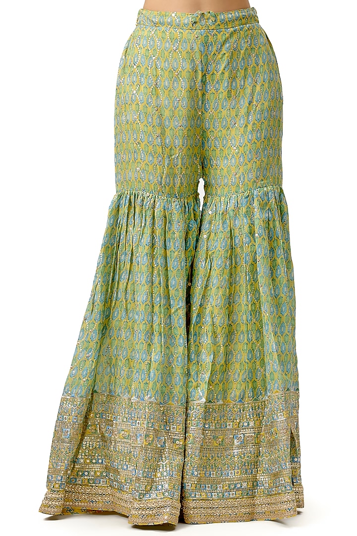 Yellow Cotton Silk Embroidered Flared Wedding Sharara Set by Gopi Vaid at Pernia's Pop Up Shop