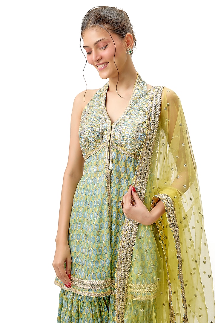 Yellow Cotton Silk Embroidered Flared Wedding Sharara Set by Gopi Vaid at Pernia's Pop Up Shop