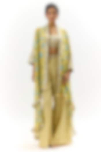 Yellow Georgette Floral Printed & Embroidered Jacket Set by Gopi Vaid at Pernia's Pop Up Shop