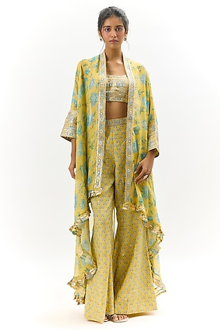 Yellow Georgette Floral Printed & Embroidered Jacket Set by Gopi Vaid