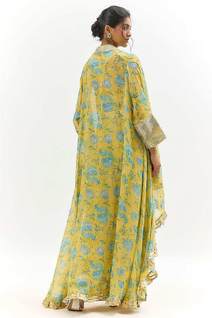 Yellow Georgette Floral Printed & Embroidered Jacket Set by Gopi Vaid at Pernia's Pop Up Shop