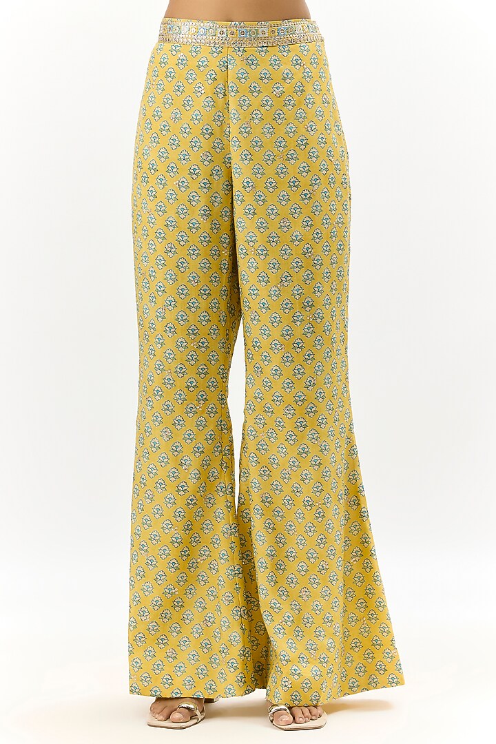 Yellow Georgette Floral Printed & Embroidered Jacket Set by Gopi Vaid at Pernia's Pop Up Shop