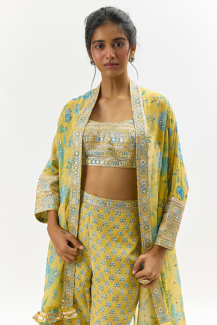 Yellow Georgette Floral Printed & Embroidered Jacket Set by Gopi Vaid at Pernia's Pop Up Shop