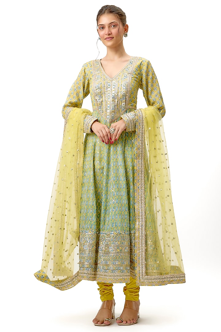 Yellow Cotton Silk Gota Patti Embroidered Wedding Anarkali Set by Gopi Vaid at Pernia's Pop Up Shop