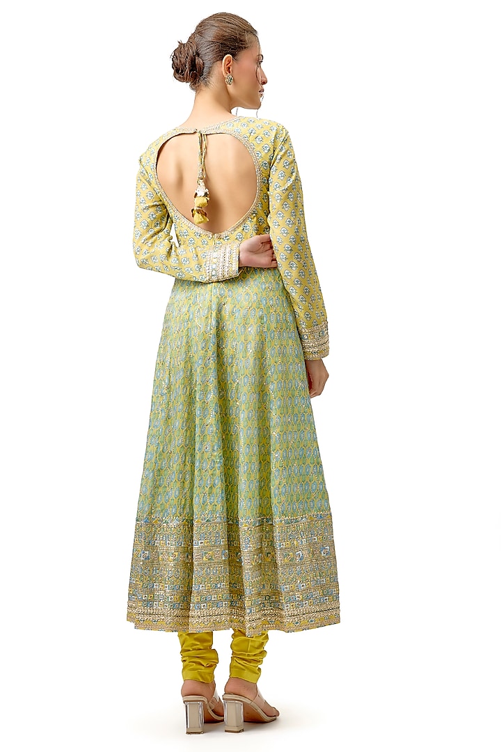 Yellow Cotton Silk Gota Patti Embroidered Wedding Anarkali Set by Gopi Vaid at Pernia's Pop Up Shop