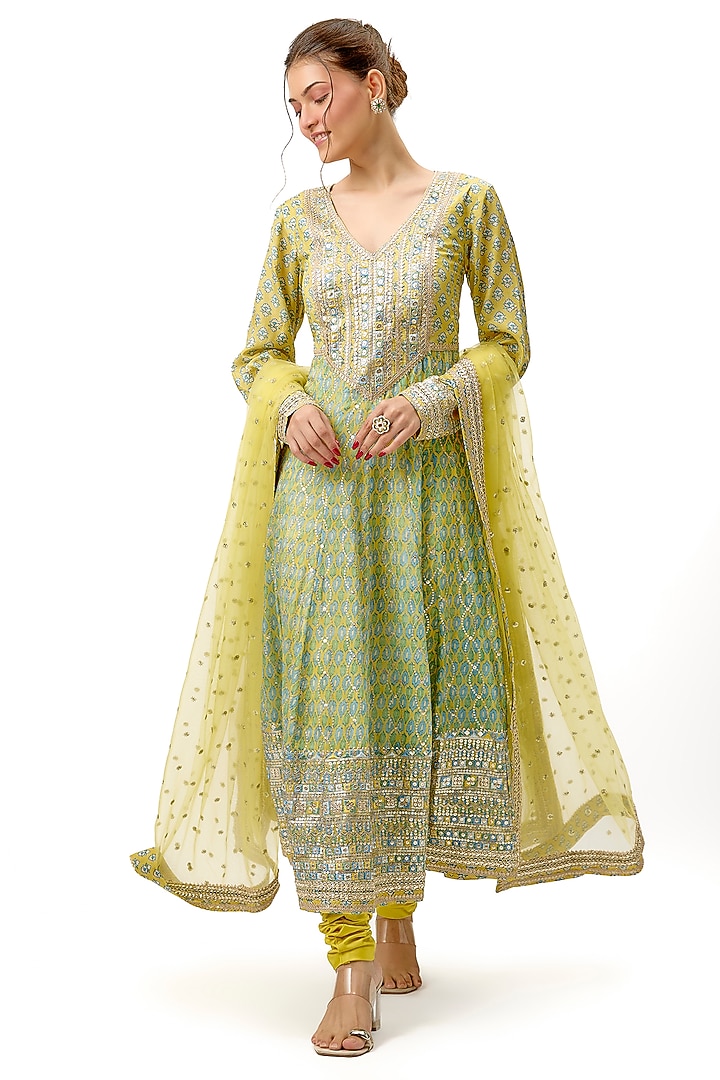 Yellow Cotton Silk Gota Patti Embroidered Wedding Anarkali Set by Gopi Vaid at Pernia's Pop Up Shop