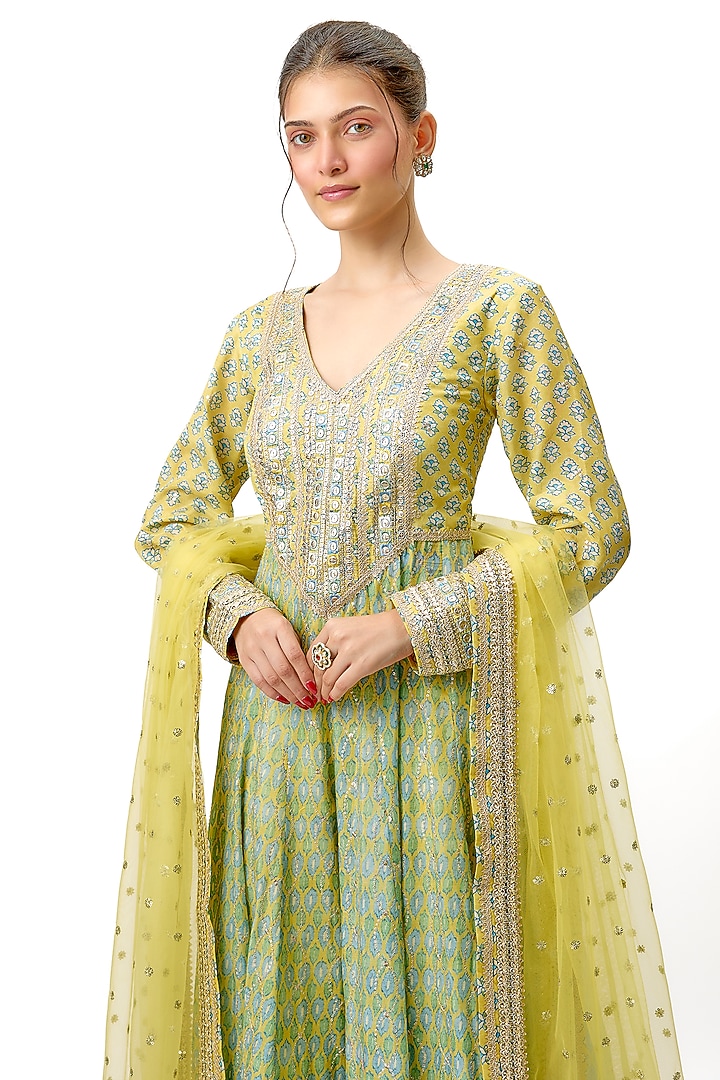 Yellow Cotton Silk Gota Patti Embroidered Wedding Anarkali Set by Gopi Vaid at Pernia's Pop Up Shop