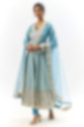 Blue Cotton Silk Thread Embroidered Wedding Anarkali Set by GOPI VAID at Pernia's Pop Up Shop