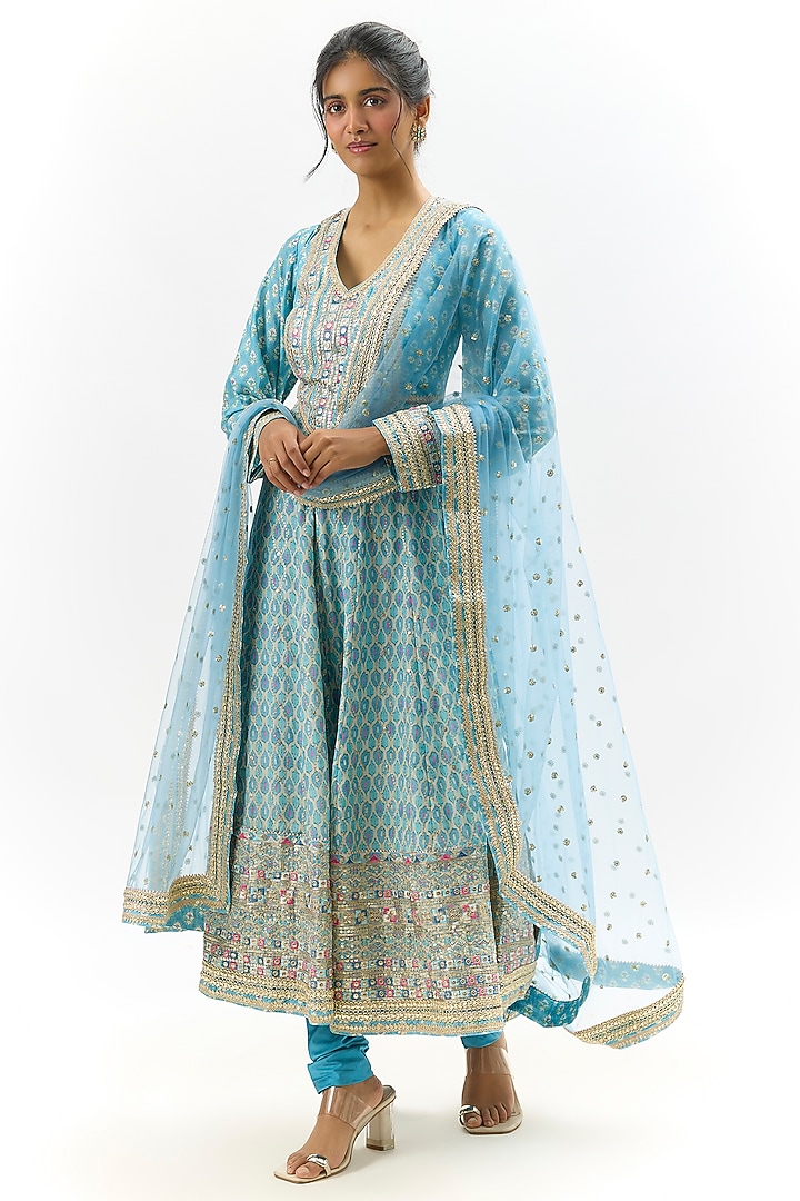 Blue Cotton Silk Thread Embroidered Wedding Anarkali Set by GOPI VAID at Pernia's Pop Up Shop
