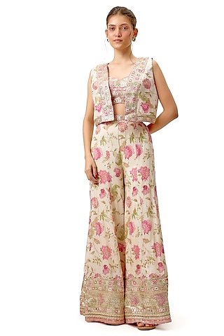 Ivory Cotton Silk Floral Printed Palazzo Pant Set by Gopi Vaid
