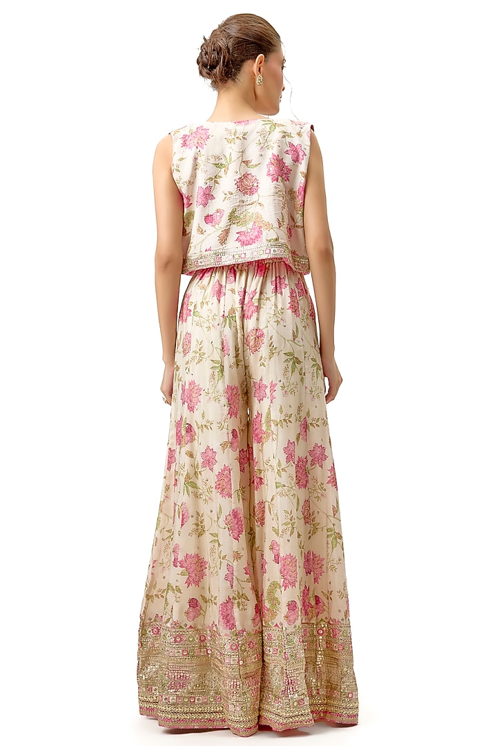 Ivory Cotton Silk Floral Printed Palazzo Pant Set by Gopi Vaid at Pernia's Pop Up Shop