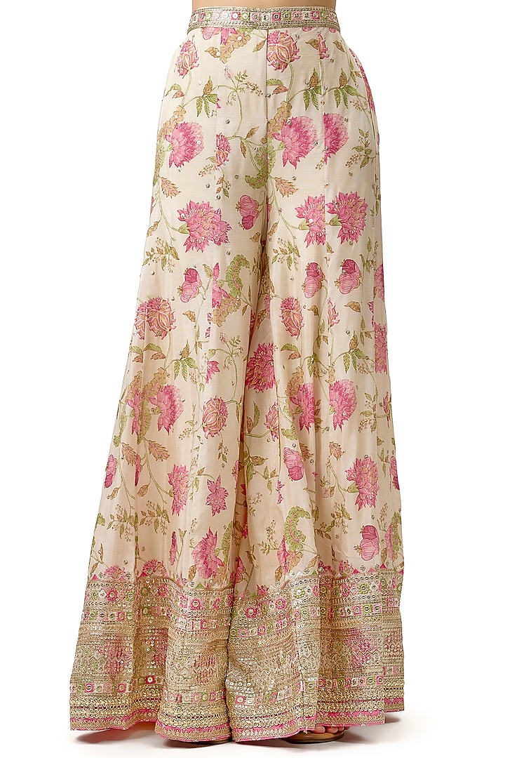 Ivory Cotton Silk Floral Printed Palazzo Pant Set by Gopi Vaid at Pernia's Pop Up Shop