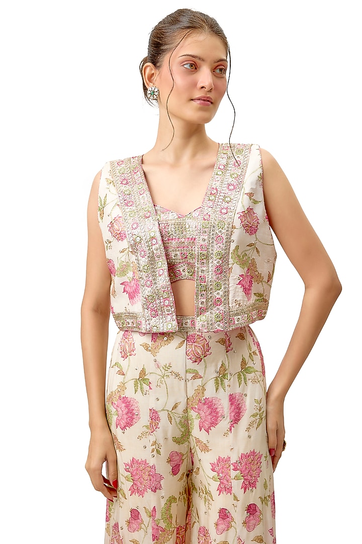 Ivory Cotton Silk Floral Printed Palazzo Pant Set by Gopi Vaid at Pernia's Pop Up Shop