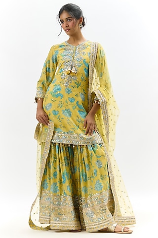 Yellow Cotton Silk Embroidered & Floral Printed Sharara Set by GOPI VAID