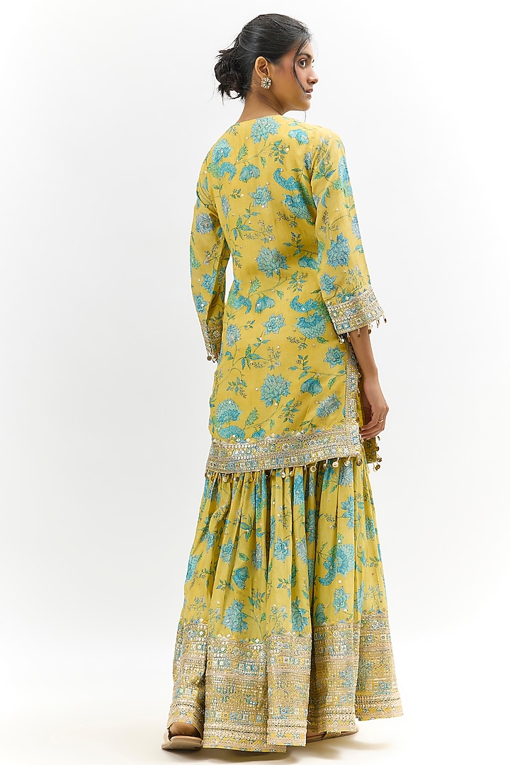 Yellow Cotton Silk Embroidered & Floral Printed Wedding Sharara Set by GOPI VAID at Pernia's Pop Up Shop