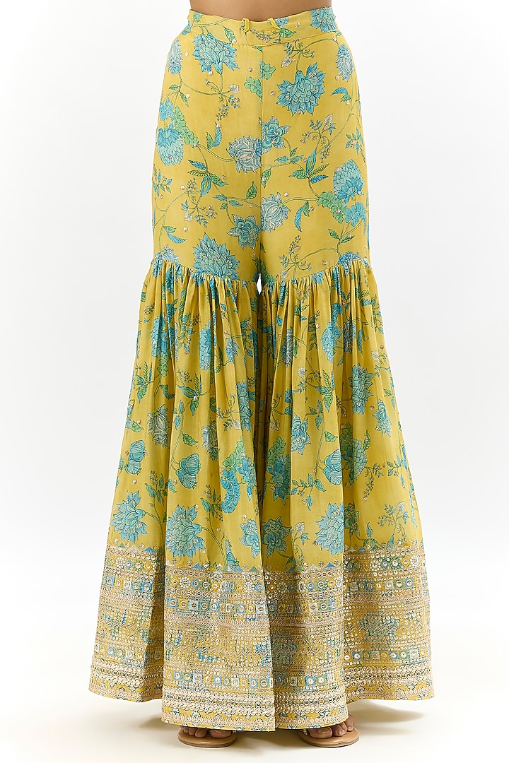 Yellow Cotton Silk Embroidered & Floral Printed Wedding Sharara Set by GOPI VAID at Pernia's Pop Up Shop